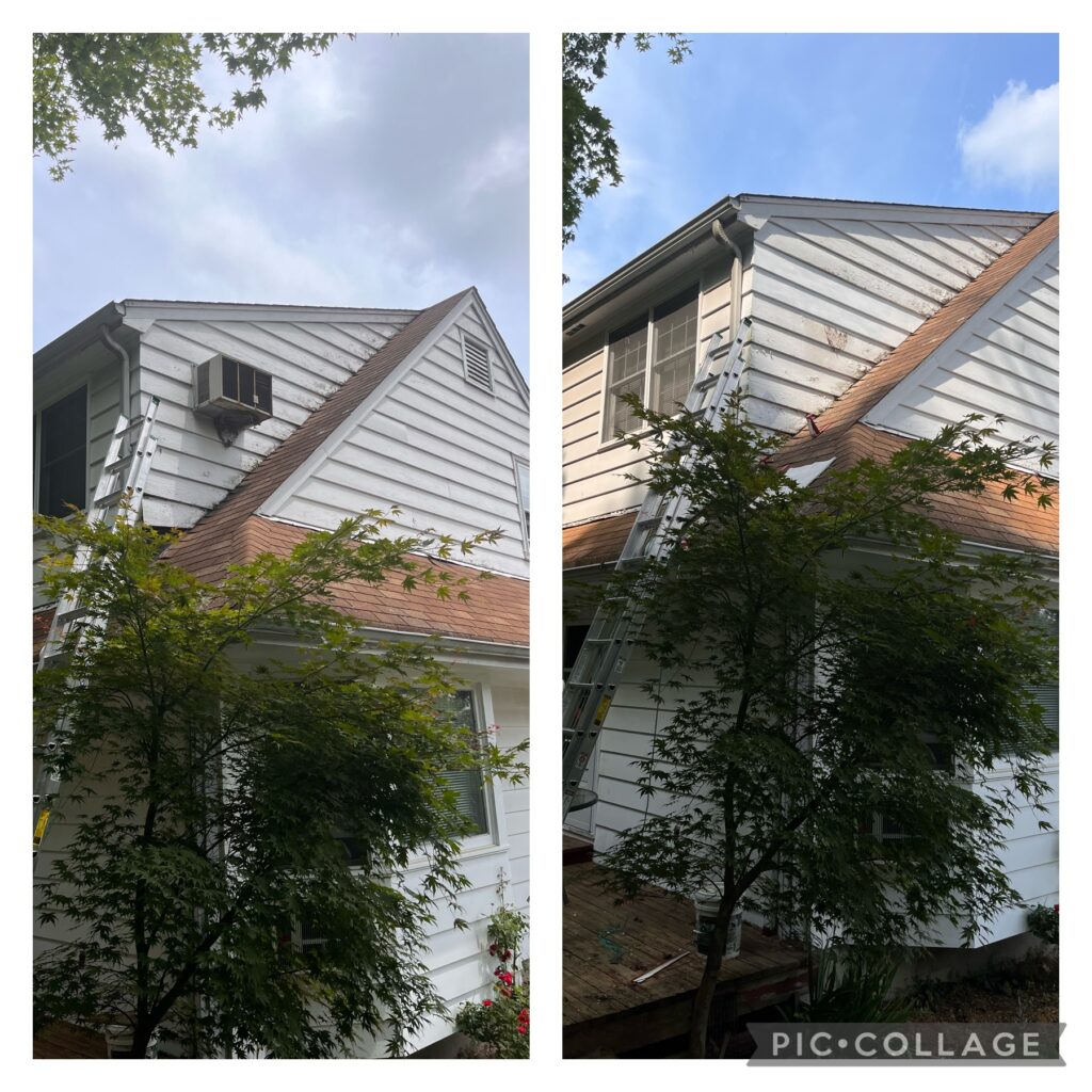 Side-by-side images of a house exterior showing the removal of a window AC unit; left image shows the unit installed, and right image shows the unit removed and the window restored.